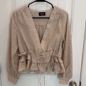 Vici Tan Striped Ruffle Blouse